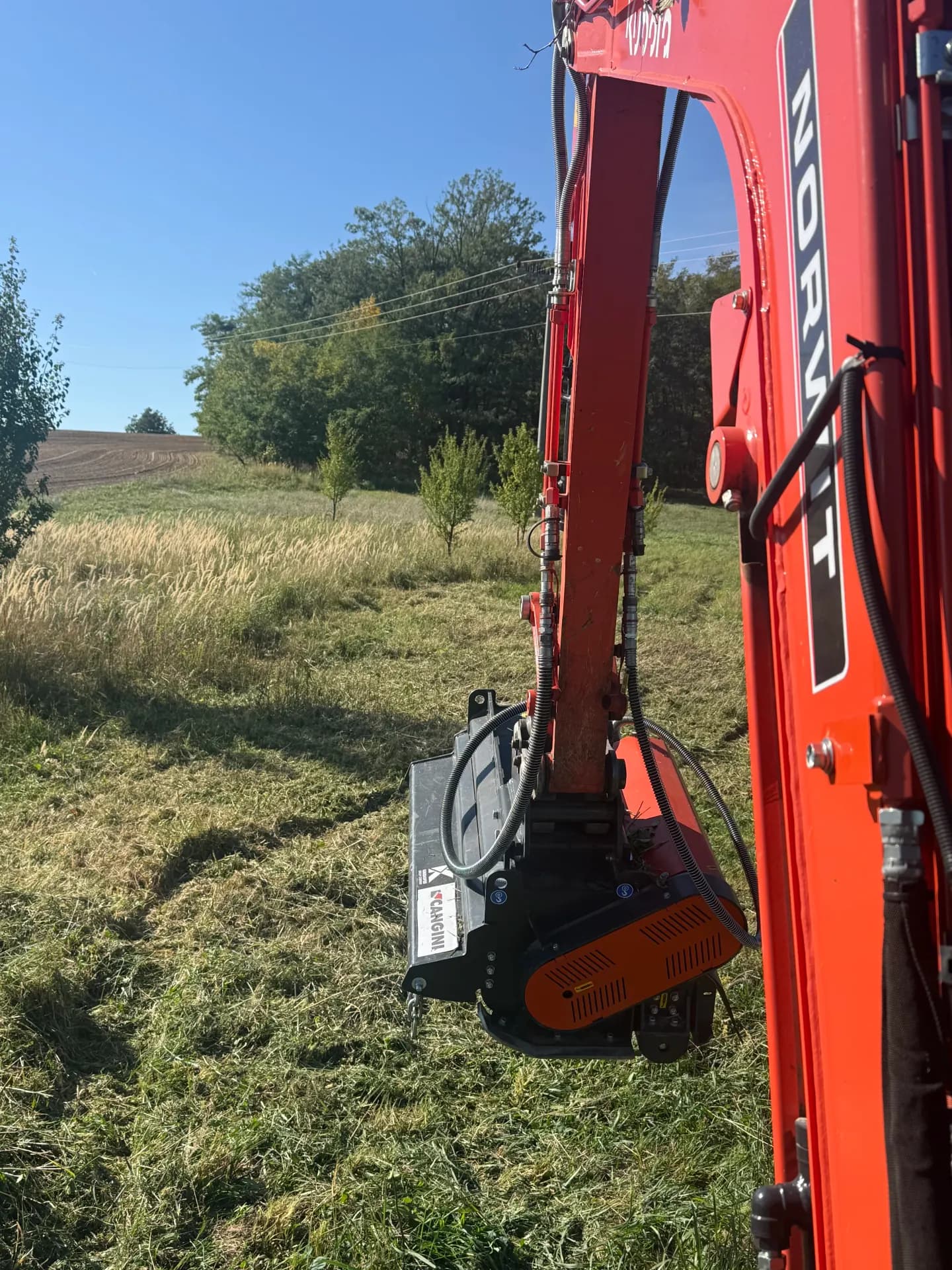 Mulčovacia hlava nad nízkym porastom vedľa stromov v Malackách