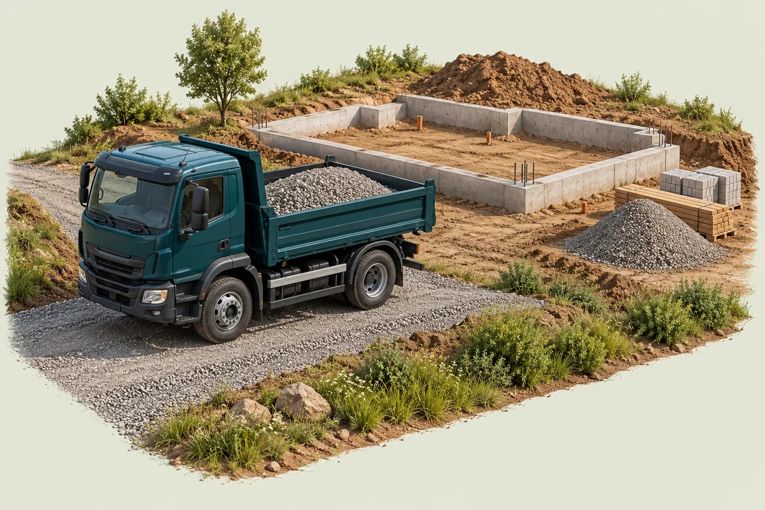 AI ilustrácia: Preprava materiálu vyklápačom